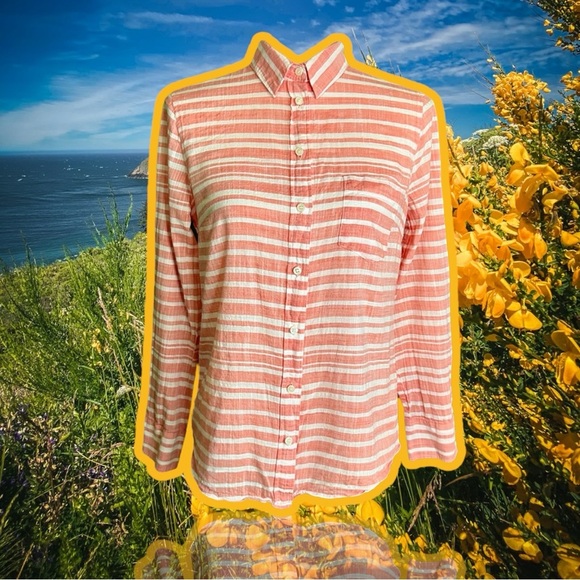 J. Crew Red & White Striped Cotton Gauze Striped Button Up Shirt w/ Pocket Sz S - Picture 1 of 8